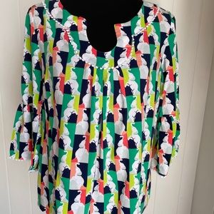 Crown & Ivy Elephant Print Blouse with Bell Sleeves | Size M | White Trim |